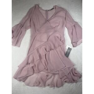 French Connection Dress Womens 12 Pink Chiffon‎ Wrap Ruffle Hi Low Party Wedding
